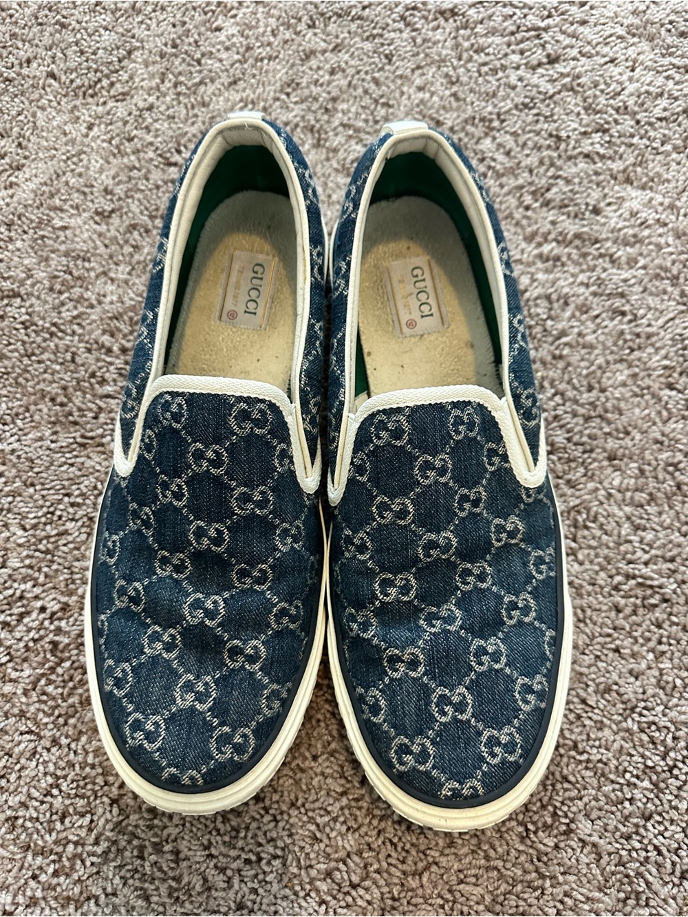 Authentic Gucci Men’s GG Denim Slip-On Sneakers Blue Monogram Canvas Shoes - Picture 2 of 9
